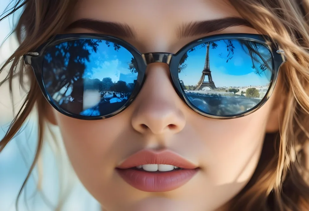 A Young Woman With Light Skin And Long Wavy Brown Hair Is Wearing Stylish Sunglasses The Lenses Reflect A Vibrant Blue Scene Featuring The Eiffel Tower She Has A Natural Makeup Look With Full Lips And A Slight Smil 13 7cca