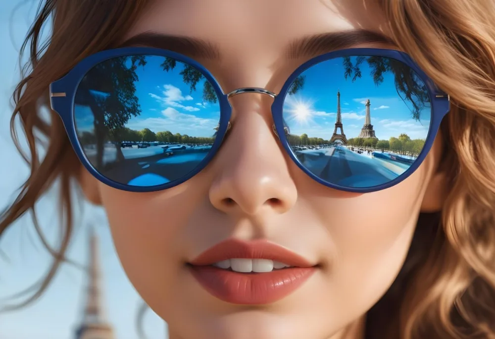A Young Woman With Light Skin And Long Wavy Brown Hair Is Wearing Stylish Sunglasses The Lenses Reflect A Vibrant Blue Scene Featuring The Eiffel Tower She Has A Natural Makeup Look With Full Lips And A Slight Smil 28 4acc