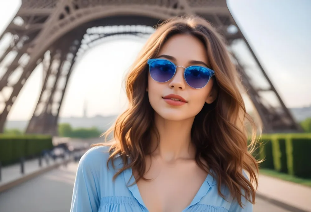 A Young Woman With Light Skin And Long Wavy Brown Hair Is Wearing Stylish Sunglasses The Lenses Reflect A Vibrant Blue Scene Featuring The Eiffel Tower She Has A Natural Makeup Look With Full Lips And A Slight Smil 33 06dd