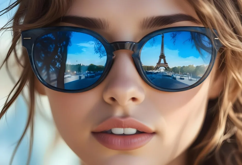 A Young Woman With Light Skin And Long Wavy Brown Hair Is Wearing Stylish Sunglasses The Lenses Reflect A Vibrant Blue Scene Featuring The Eiffel Tower She Has A Natural Makeup Look With Full Lips And A Slight Smil 5 8202