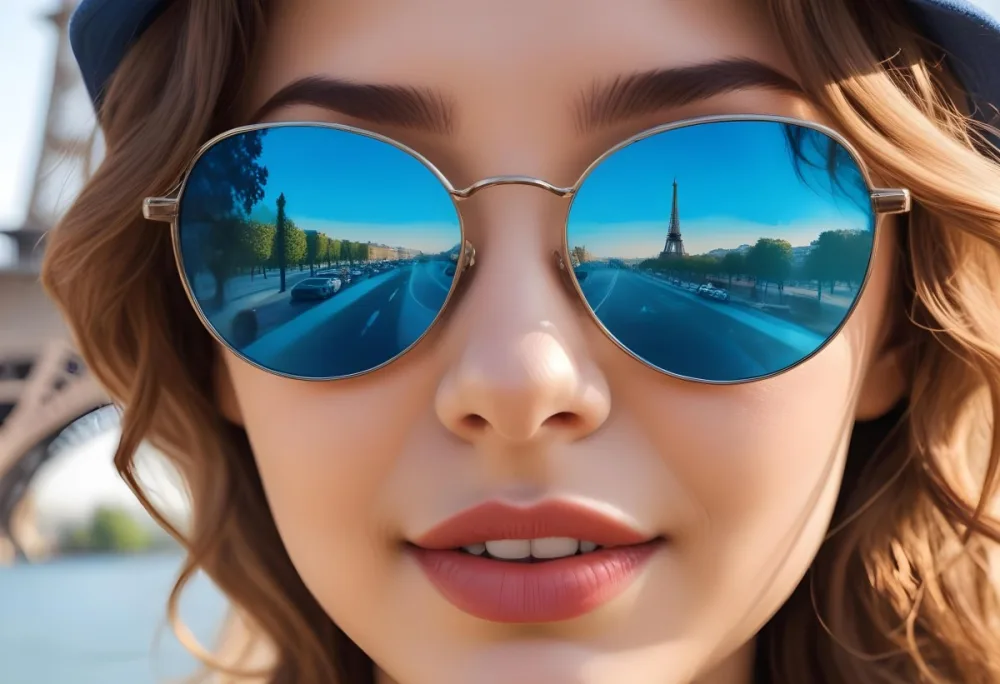 A Young Woman With Light Skin And Long Wavy Brown Hair Is Wearing Stylish Sunglasses The Lenses Reflect A Vibrant Blue Scene Featuring The Eiffel Tower She Has A Natural Makeup Look With Full Lips And A Slight Smil 6 54e3