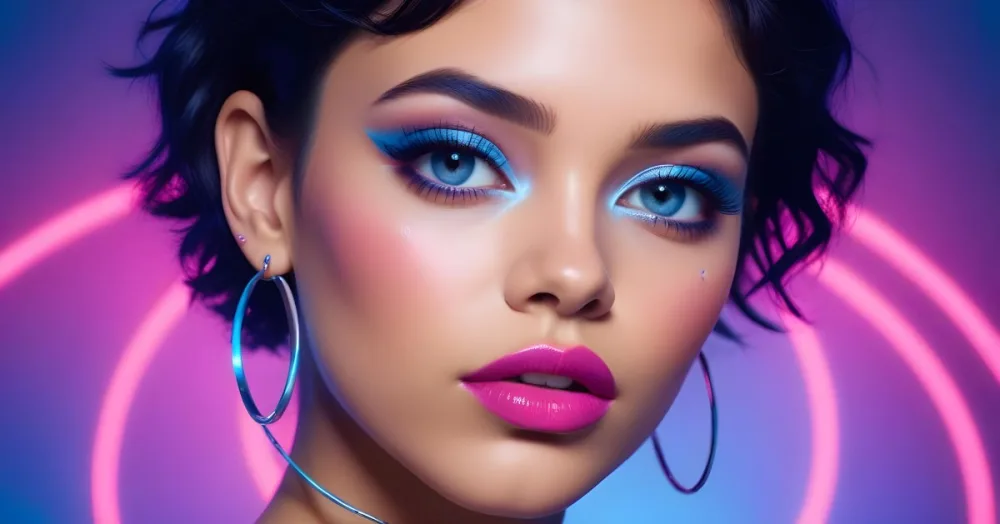 A Young Woman With Light Skin And Short Dark Hair Featuring Bold Makeup With Glossy Lips And Dramatic Eye Makeup She Has Large Hoop Earrings And Is Illuminated With Vibrant Pink And Blue Lighting Creating A Striking 33 0d2a