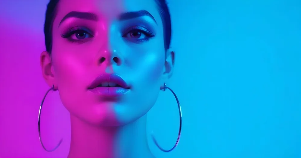 A Young Woman With Light Skin And Short Dark Hair Featuring Bold Makeup With Glossy Lips And Dramatic Eye Makeup She Has Large Hoop Earrings And Is Illuminated With Vibrant Pink And Blue Lighting Creating A Striking 5 96b6