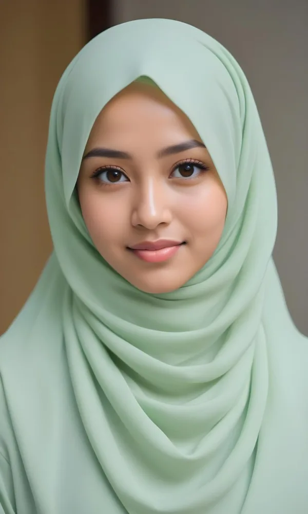 A Young Woman With Light Skin Brown Eyes And Long Dark Hair Wearing A Green Hijab And A White Shirt 2 Eb85