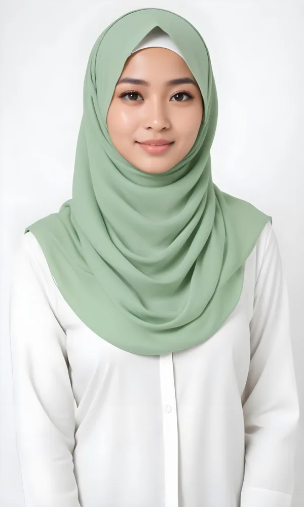 A Young Woman With Light Skin Brown Eyes And Long Dark Hair Wearing A Green Hijab And A White Shirt 8 Be26