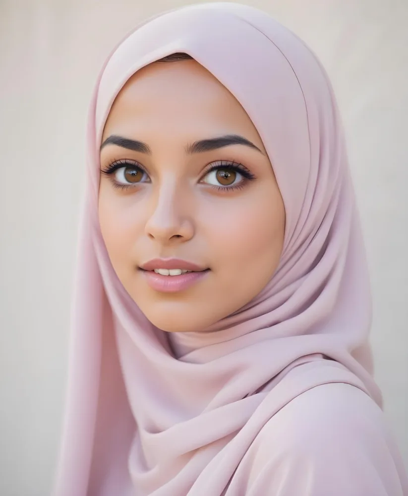 A Young Woman With Light Skin Brown Eyes And Long Dark Hair Wearing A Light Pink Hijab In Daylight 5 9dcd