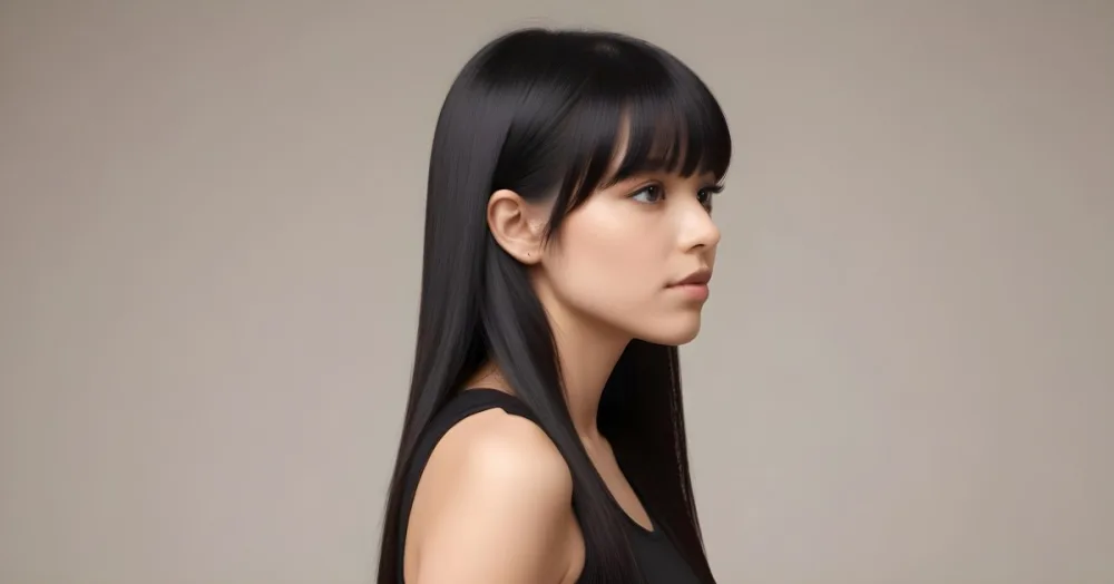 A Young Woman With Long Straight Black Hair And Bangs Showcasing A Side Profile She Has A Light Skin Tone And Is Wearing A Black Sleeveless Top The Background Is A Neutral Color Enhancing Her Features And Hair Movem 10 C40f