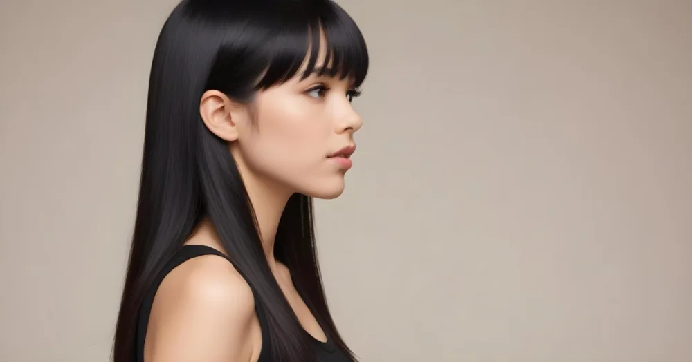 A Young Woman With Long Straight Black Hair And Bangs Showcasing A Side Profile She Has A Light Skin Tone And Is Wearing A Black Sleeveless Top The Background Is A Neutral Color Enhancing Her Features And Hair Movem 14 9edb