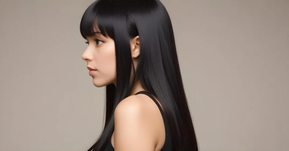 A Young Woman With Long Straight Black Hair And Bangs Showcasing A Side Profile She Has A Light Skin Tone And Is Wearing A Black Sleeveless Top The Background Is A Neutral Color Enhancing Her Features And Hair Movem 15 1d56