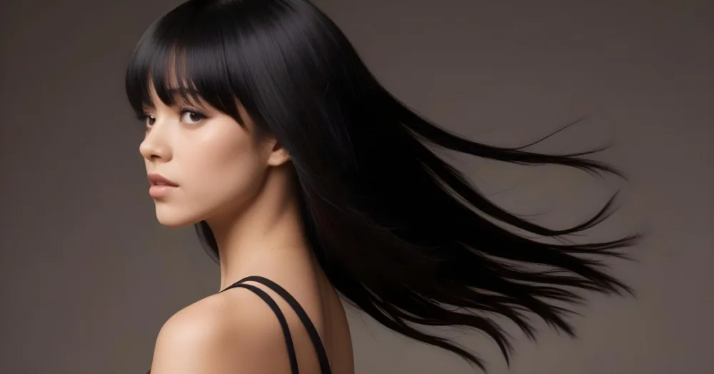 A Young Woman With Long Straight Black Hair And Bangs Showcasing A Side Profile She Has A Light Skin Tone And Is Wearing A Black Sleeveless Top The Background Is A Neutral Color Enhancing Her Features And Hair Movem 16 0f5d
