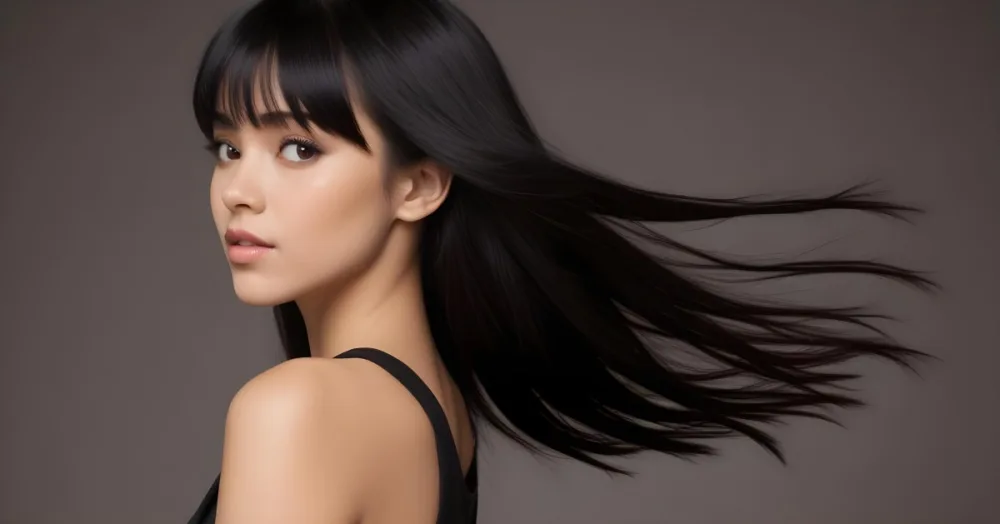 A Young Woman With Long Straight Black Hair And Bangs Showcasing A Side Profile She Has A Light Skin Tone And Is Wearing A Black Sleeveless Top The Background Is A Neutral Color Enhancing Her Features And Hair Movem 21 73ac