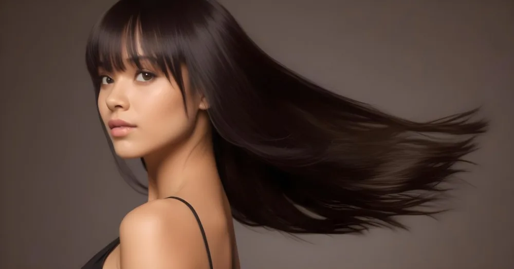A Young Woman With Long Straight Black Hair And Bangs Showcasing A Side Profile She Has A Light Skin Tone And Is Wearing A Black Sleeveless Top The Background Is A Neutral Color Enhancing Her Features And Hair Movem 26 380c