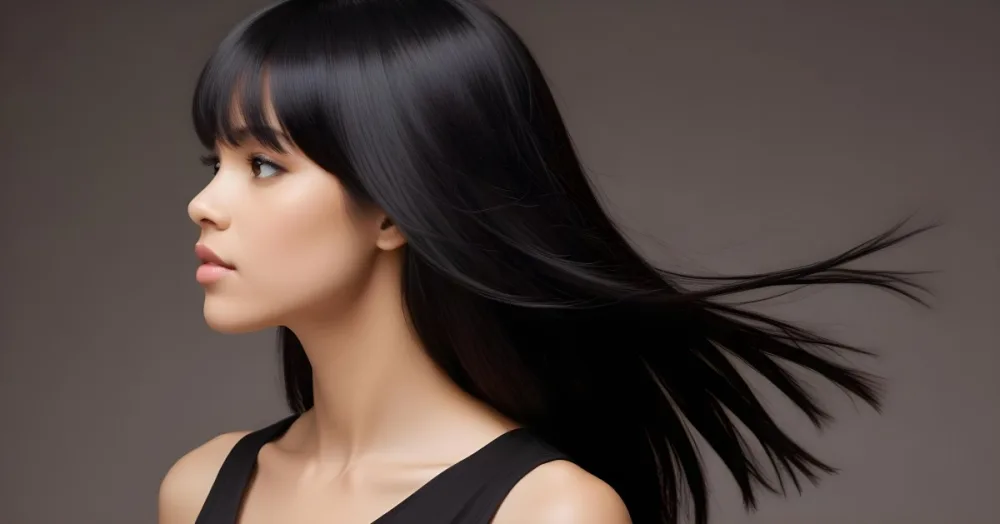 A Young Woman With Long Straight Black Hair And Bangs Showcasing A Side Profile She Has A Light Skin Tone And Is Wearing A Black Sleeveless Top The Background Is A Neutral Color Enhancing Her Features And Hair Movem 4 92b7