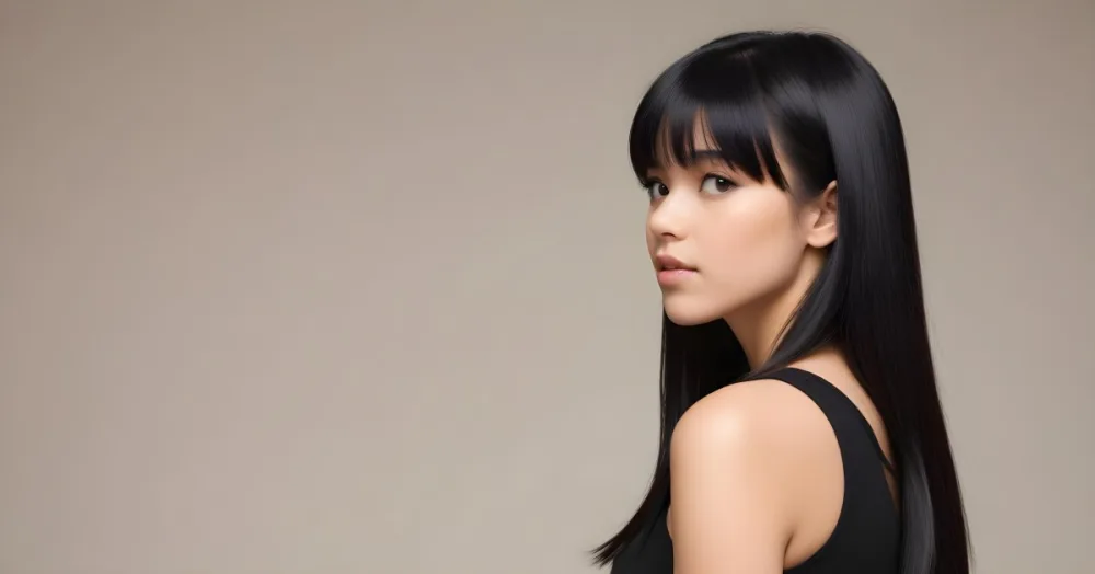 A Young Woman With Long Straight Black Hair And Bangs Showcasing A Side Profile She Has A Light Skin Tone And Is Wearing A Black Sleeveless Top The Background Is A Neutral Color Enhancing Her Features And Hair Movem 6 Cd7b
