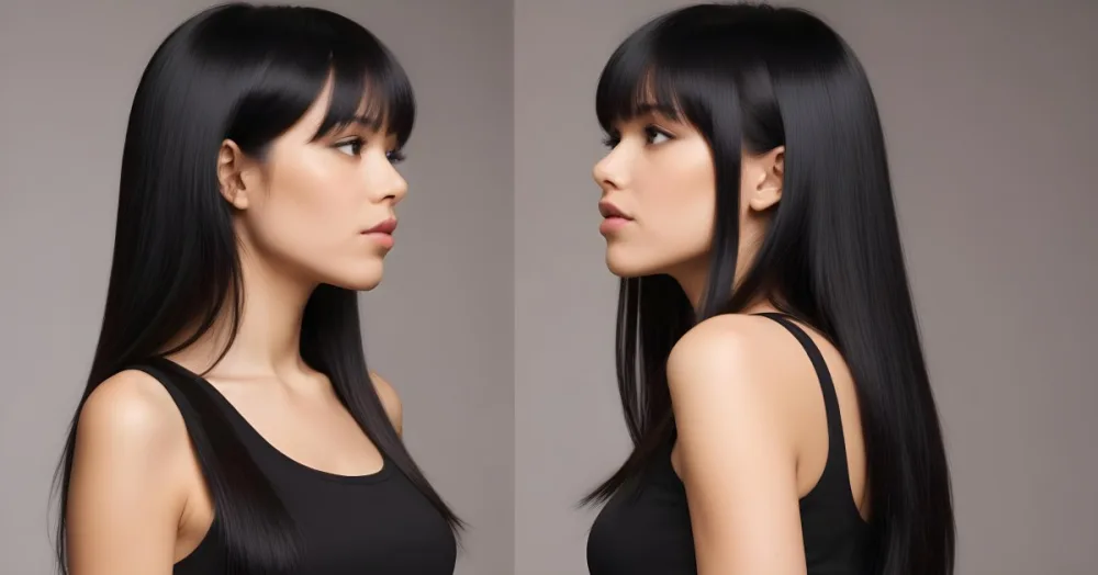 A Young Woman With Long Straight Black Hair And Bangs Showcasing A Side Profile She Has A Light Skin Tone And Is Wearing A Black Sleeveless Top The Background Is A Neutral Color Enhancing Her Features And Hair Movem 7 Dd90
