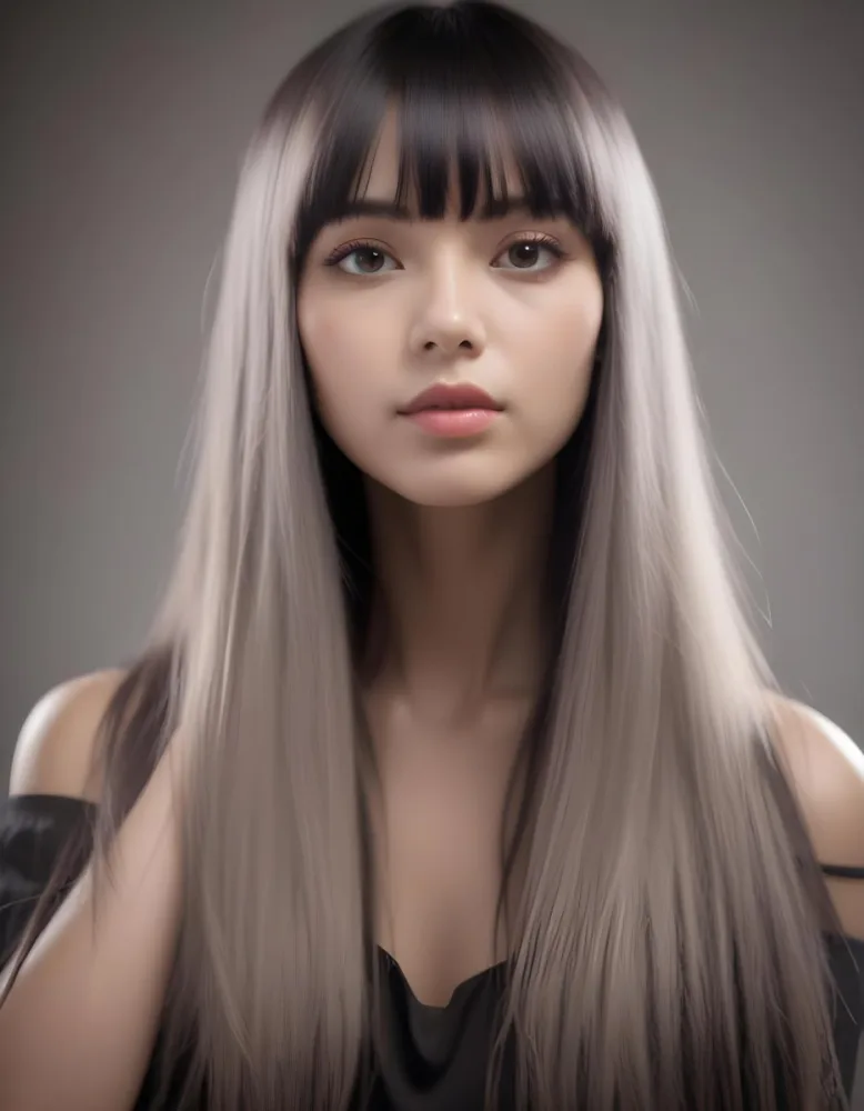 A Young Woman With Long Straight Black Hair And Blunt Bangs She Has A Fair Skin Tone And Is Wearing An Off Shoulder Black Top The Background Is Softly Textured And Neutral In Color 16 591b
