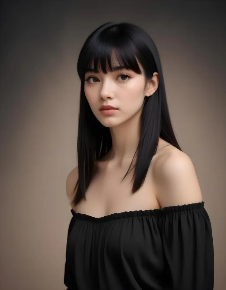 A Young Woman With Long Straight Black Hair And Blunt Bangs She Has A Fair Skin Tone And Is Wearing An Off Shoulder Black Top The Background Is Softly Textured And Neutral In Color 17 6d53