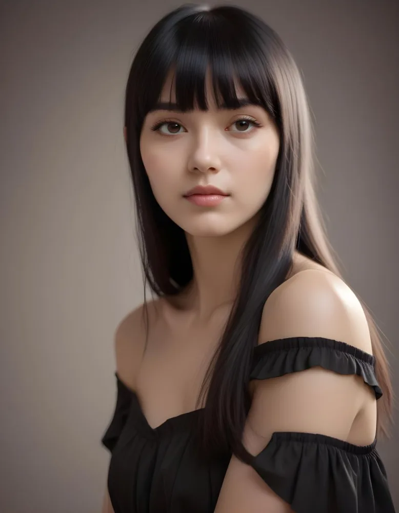 A Young Woman With Long Straight Black Hair And Blunt Bangs She Has A Fair Skin Tone And Is Wearing An Off Shoulder Black Top The Background Is Softly Textured And Neutral In Color 19 5c83