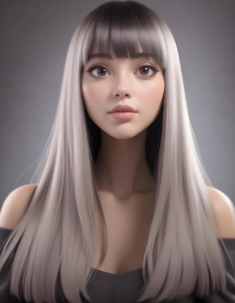 A Young Woman With Long Straight Black Hair And Blunt Bangs She Has A Fair Skin Tone And Is Wearing An Off Shoulder Black Top The Background Is Softly Textured And Neutral In Color 26 598b
