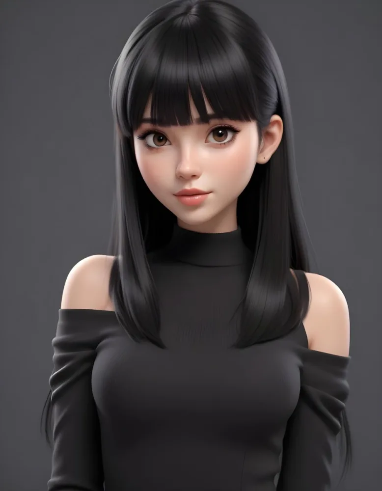 A Young Woman With Long Straight Black Hair And Blunt Bangs She Has A Fair Skin Tone And Is Wearing An Off Shoulder Black Top The Background Is Softly Textured And Neutral In Color 34 617f