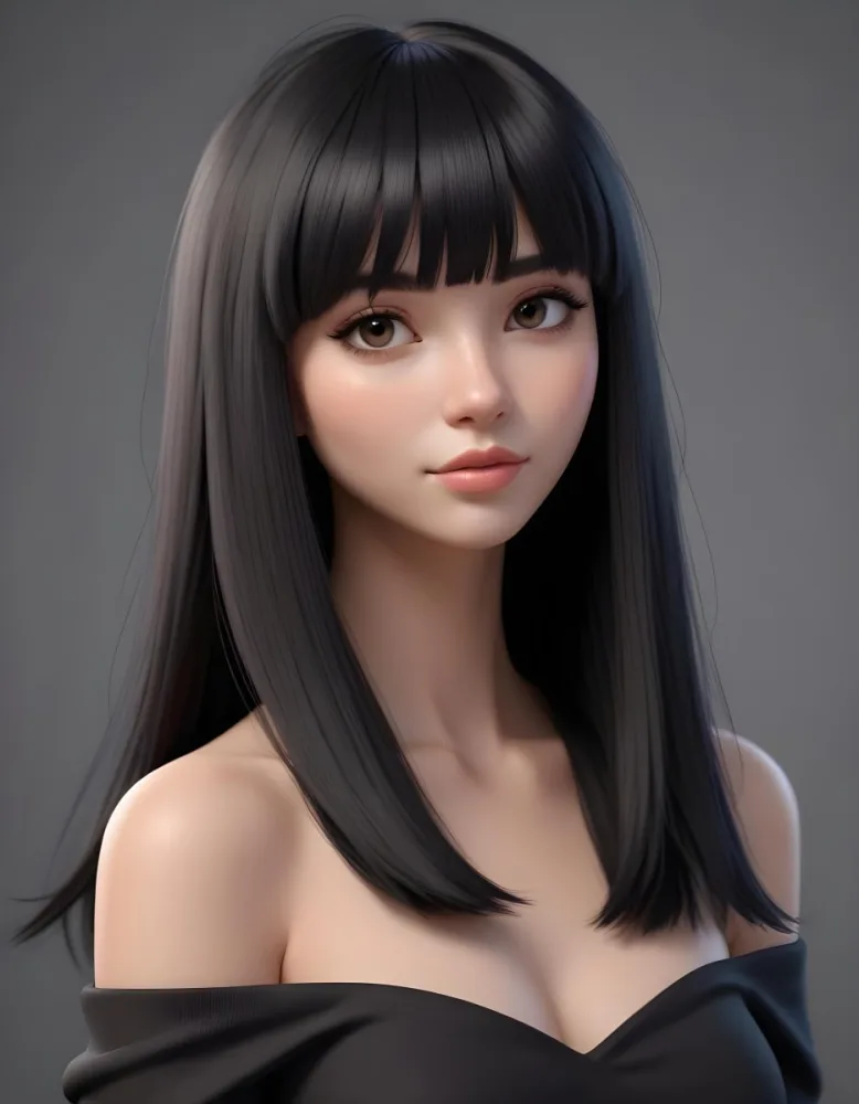A Young Woman With Long Straight Black Hair And Blunt Bangs She Has A Fair Skin Tone And Is Wearing An Off Shoulder Black Top The Background Is Softly Textured And Neutral In Color 35 C1a7