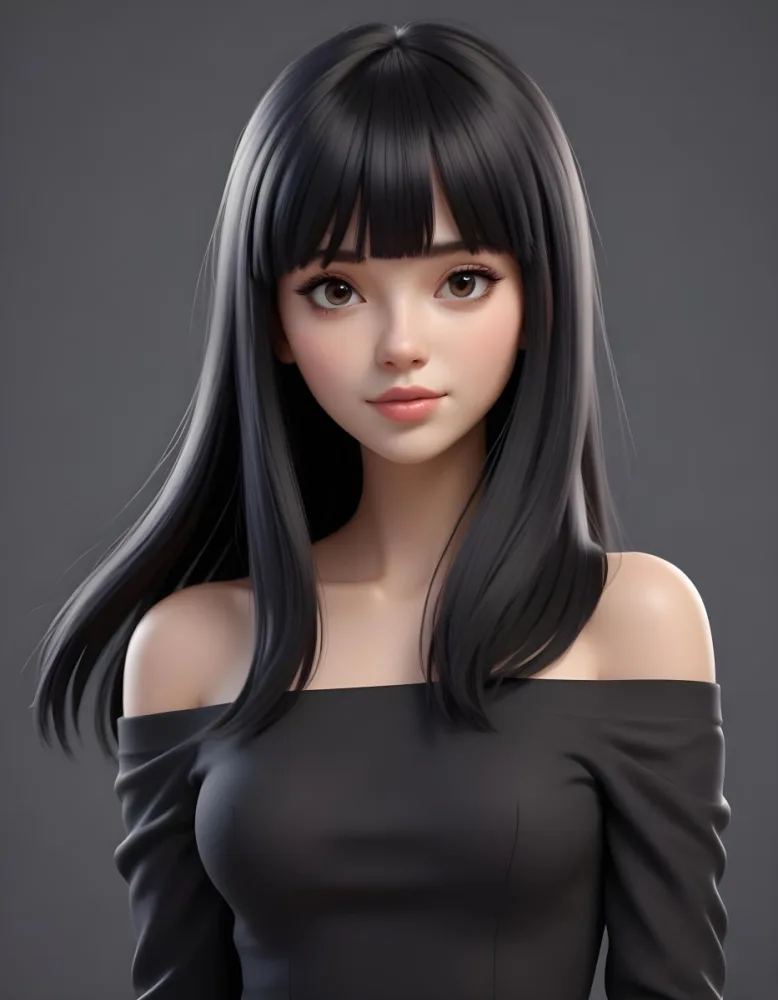 A Young Woman With Long Straight Black Hair And Blunt Bangs She Has A Fair Skin Tone And Is Wearing An Off Shoulder Black Top The Background Is Softly Textured And Neutral In Color 36 Ff3e