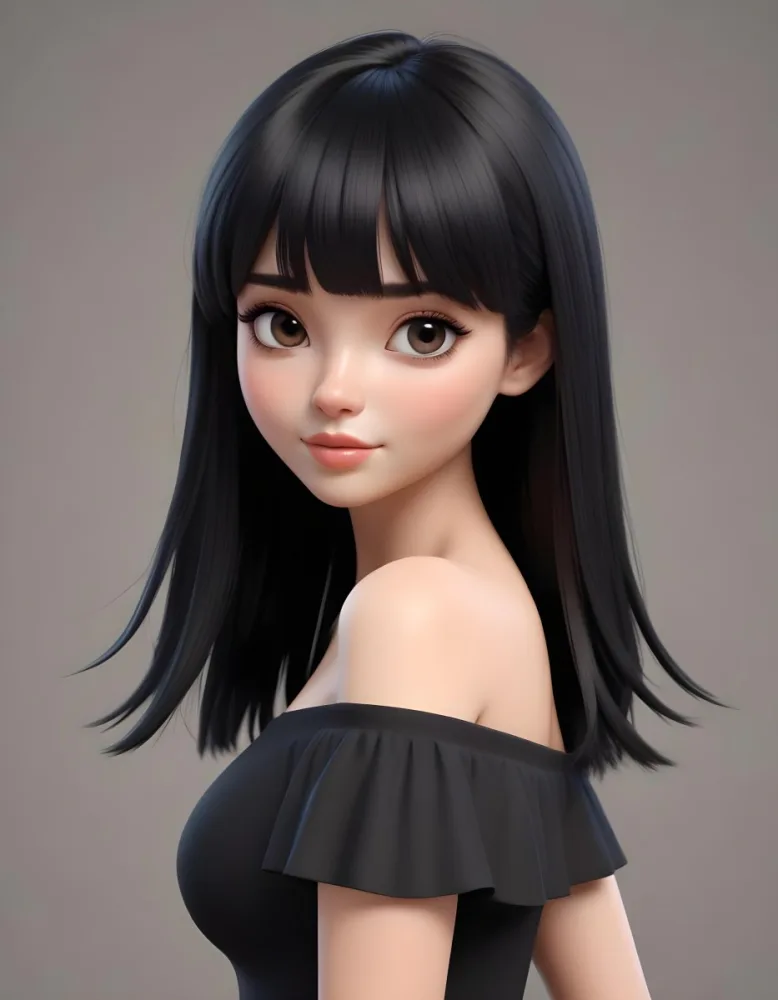 A Young Woman With Long Straight Black Hair And Blunt Bangs She Has A Fair Skin Tone And Is Wearing An Off Shoulder Black Top The Background Is Softly Textured And Neutral In Color 41 066f