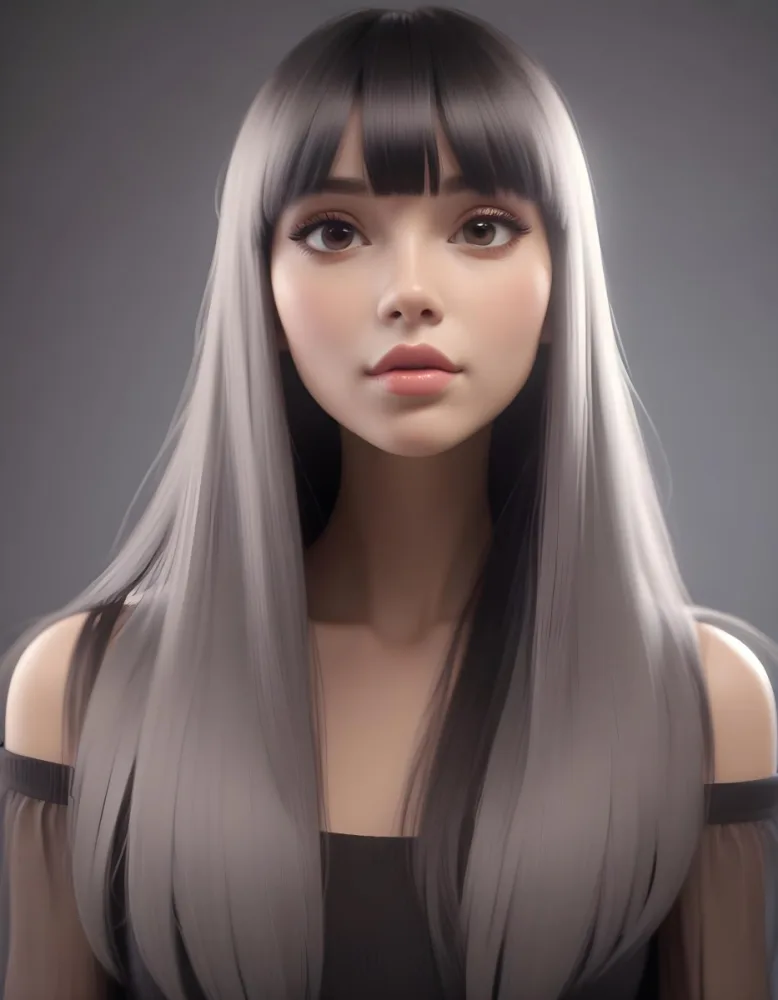 A Young Woman With Long Straight Black Hair And Blunt Bangs She Has A Fair Skin Tone And Is Wearing An Off Shoulder Black Top The Background Is Softly Textured And Neutral In Color 51 31a2