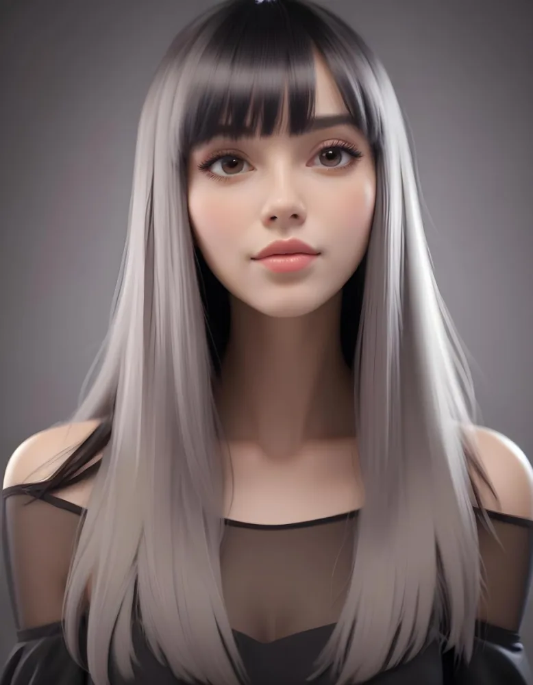A Young Woman With Long Straight Black Hair And Blunt Bangs She Has A Fair Skin Tone And Is Wearing An Off Shoulder Black Top The Background Is Softly Textured And Neutral In Color 54 30d9
