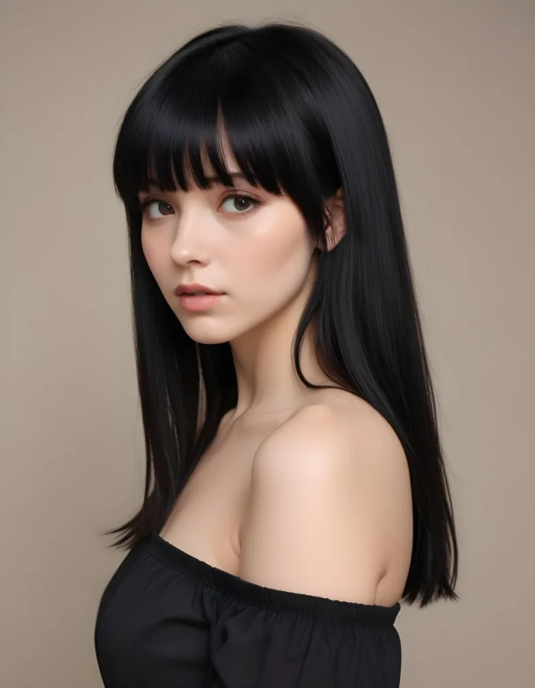 A Young Woman With Long Straight Black Hair And Blunt Bangs She Has A Fair Skin Tone And Is Wearing An Off Shoulder Black Top The Background Is Softly Textured And Neutral In Color 62 21f1