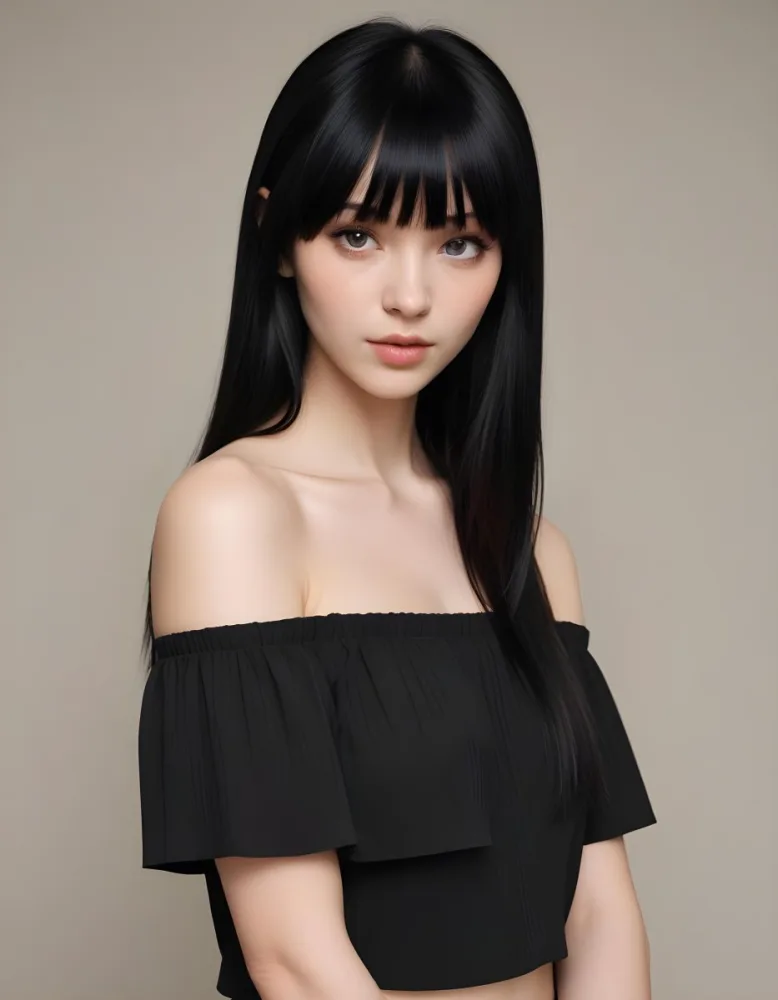 A Young Woman With Long Straight Black Hair And Blunt Bangs She Has A Fair Skin Tone And Is Wearing An Off Shoulder Black Top The Background Is Softly Textured And Neutral In Color 63 3664