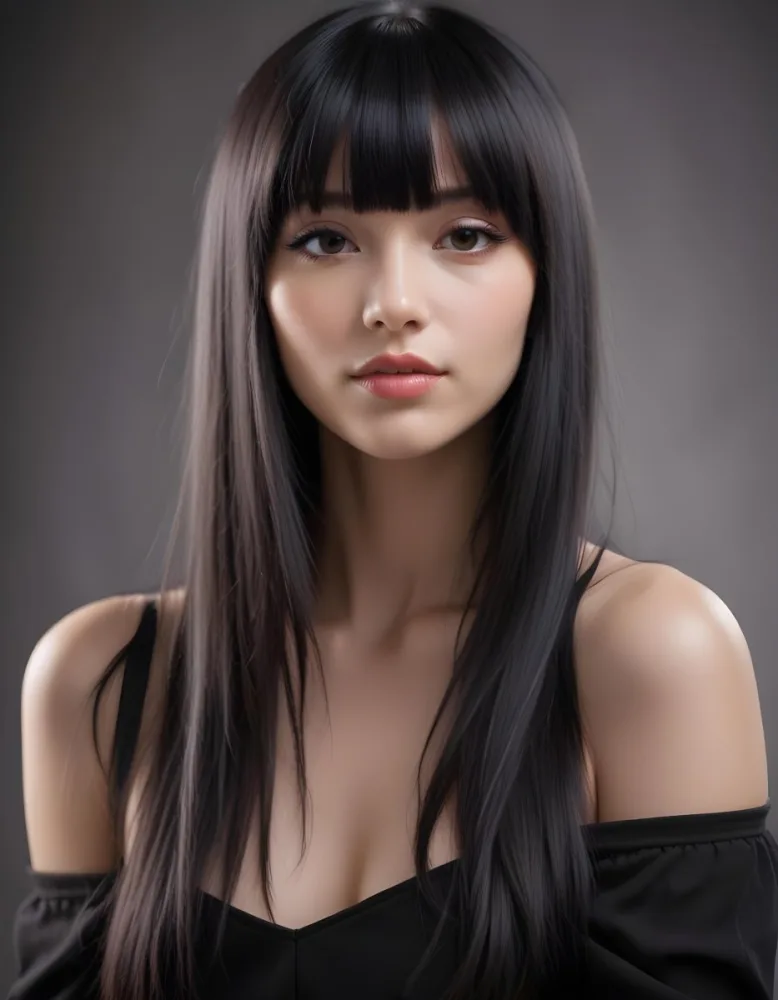 A Young Woman With Long Straight Black Hair And Blunt Bangs She Has A Fair Skin Tone And Is Wearing An Off Shoulder Black Top The Background Is Softly Textured And Neutral In Color 65 4d32