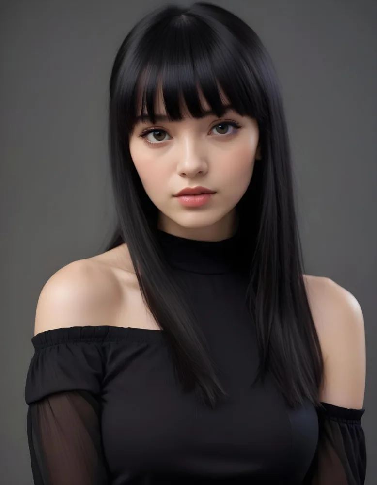 A Young Woman With Long Straight Black Hair And Blunt Bangs She Has A Fair Skin Tone And Is Wearing An Off Shoulder Black Top The Background Is Softly Textured And Neutral In Color 66 44b8