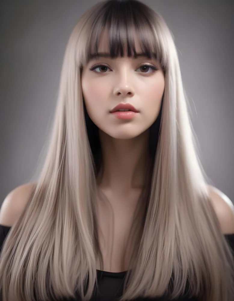 A Young Woman With Long Straight Black Hair And Blunt Bangs She Has A Fair Skin Tone And Is Wearing An Off Shoulder Black Top The Background Is Softly Textured And Neutral In Color 76 64e5