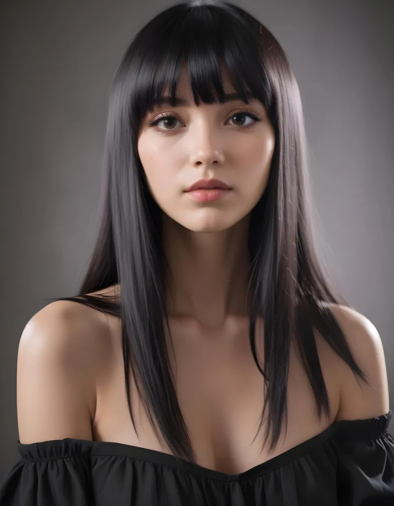 A Young Woman With Long Straight Black Hair And Blunt Bangs She Has A Fair Skin Tone And Is Wearing An Off Shoulder Black Top The Background Is Softly Textured And Neutral In Color 77 4ab2