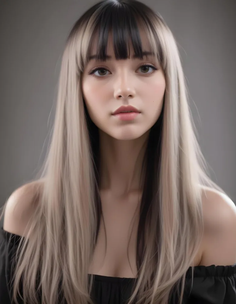 A Young Woman With Long Straight Black Hair And Blunt Bangs She Has A Fair Skin Tone And Is Wearing An Off Shoulder Black Top The Background Is Softly Textured And Neutral In Color 79 A70e