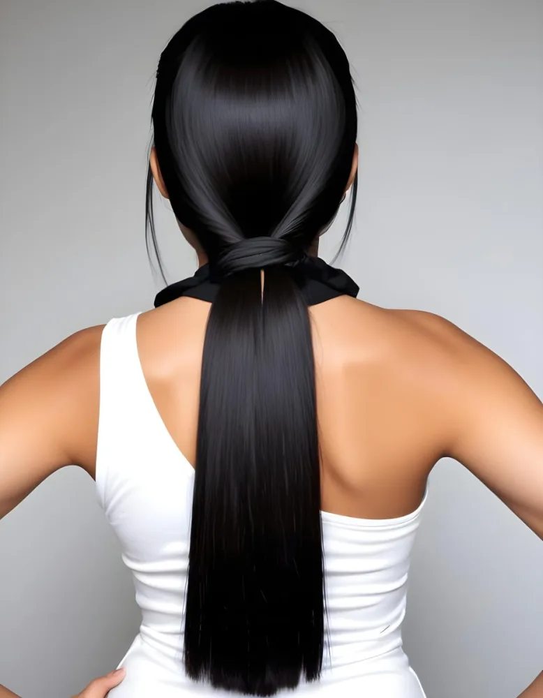 A Young Woman With Long Straight Black Hair Tied In A Sleek Ponytail Wearing A White Tank Top 1 469b