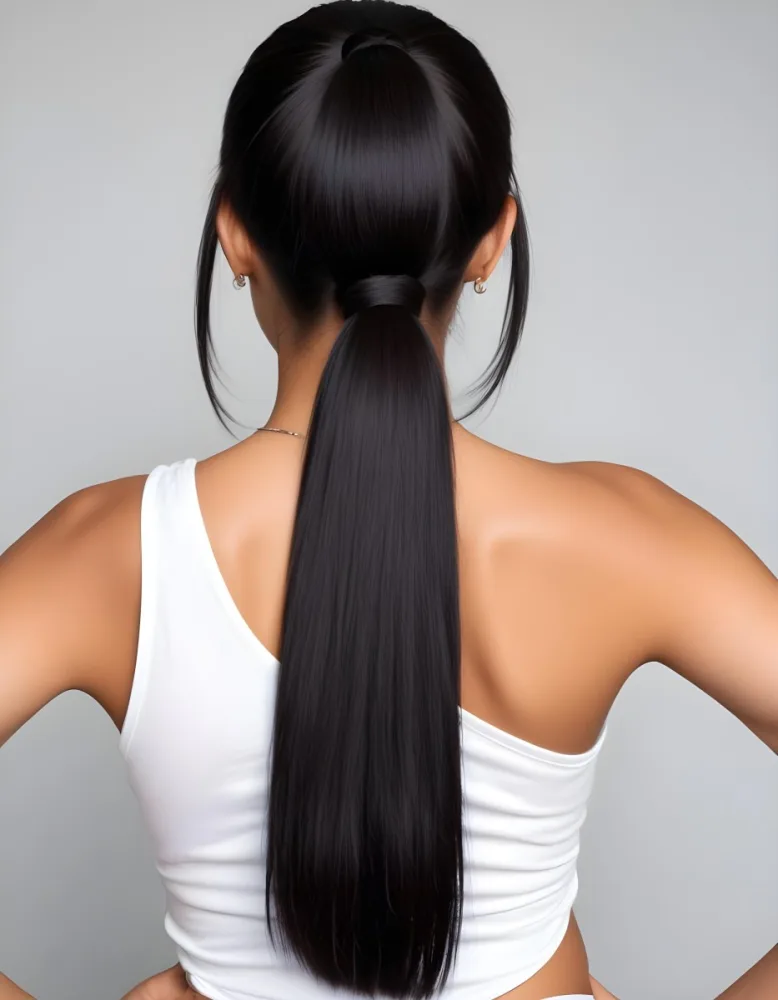A Young Woman With Long Straight Black Hair Tied In A Sleek Ponytail Wearing A White Tank Top 6 6fa8