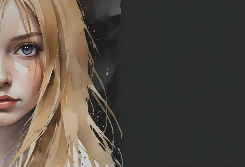 A Young Woman With Long Straight Blonde Hair Partially Obscured By Her Hair She Has Light Skin And Is Looking Towards The Camera The Background Is A Solid Dark Color 13 5b0c