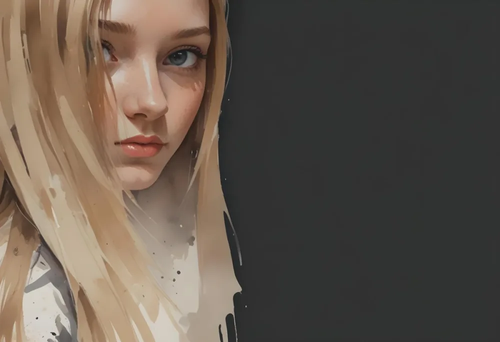A Young Woman With Long Straight Blonde Hair Partially Obscured By Her Hair She Has Light Skin And Is Looking Towards The Camera The Background Is A Solid Dark Color 17 C485