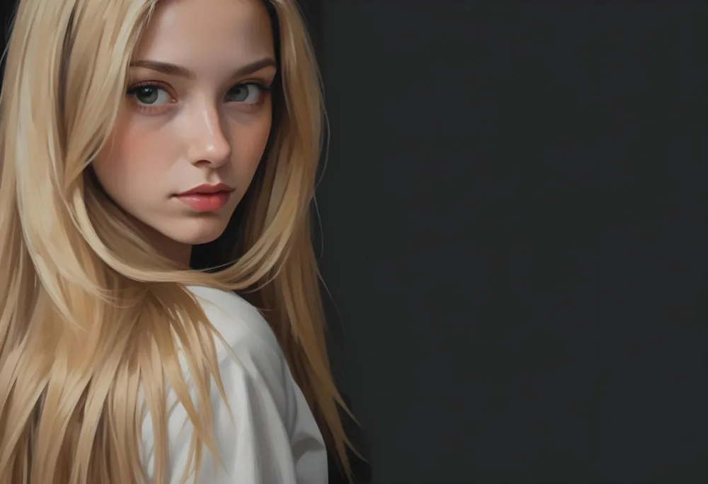 A Young Woman With Long Straight Blonde Hair Partially Obscured By Her Hair She Has Light Skin And Is Looking Towards The Camera The Background Is A Solid Dark Color 21 4bbc