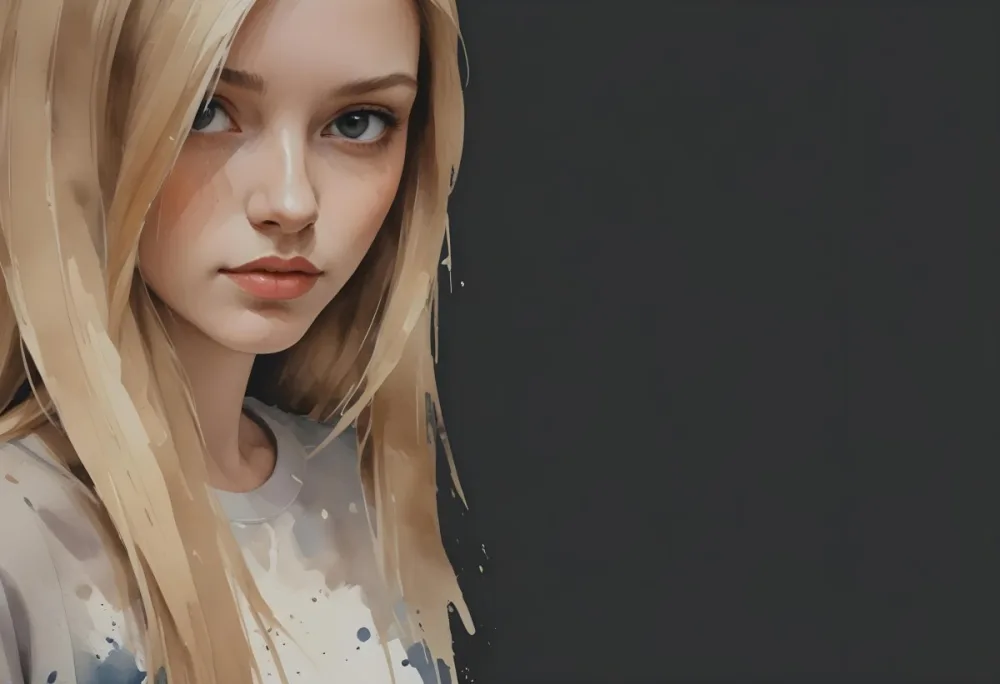 A Young Woman With Long Straight Blonde Hair Partially Obscured By Her Hair She Has Light Skin And Is Looking Towards The Camera The Background Is A Solid Dark Color 3 Bc80