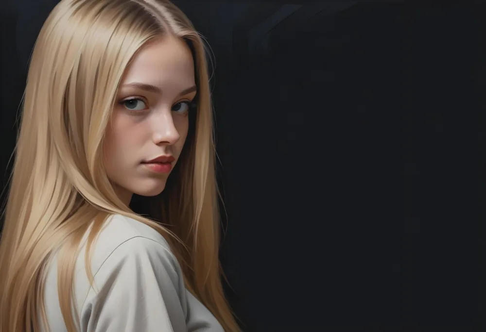 A Young Woman With Long Straight Blonde Hair Partially Obscured By Her Hair She Has Light Skin And Is Looking Towards The Camera The Background Is A Solid Dark Color 43 522a
