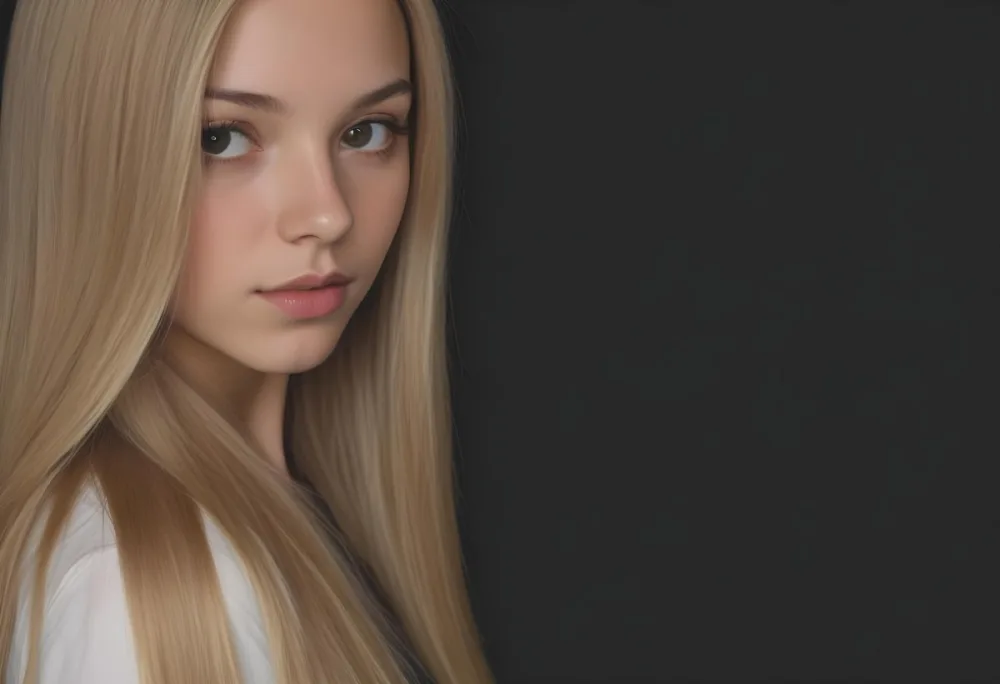 A Young Woman With Long Straight Blonde Hair Partially Obscured By Her Hair She Has Light Skin And Is Looking Towards The Camera The Background Is A Solid Dark Color 44 F14d