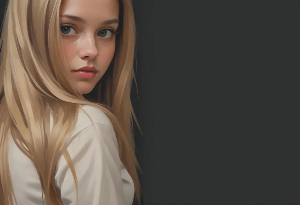 A Young Woman With Long Straight Blonde Hair Partially Obscured By Her Hair She Has Light Skin And Is Looking Towards The Camera The Background Is A Solid Dark Color 49 4ba8