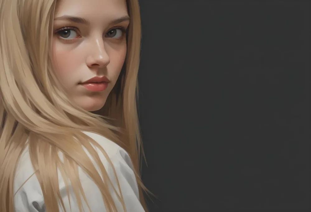 A Young Woman With Long Straight Blonde Hair Partially Obscured By Her Hair She Has Light Skin And Is Looking Towards The Camera The Background Is A Solid Dark Color 51 5298