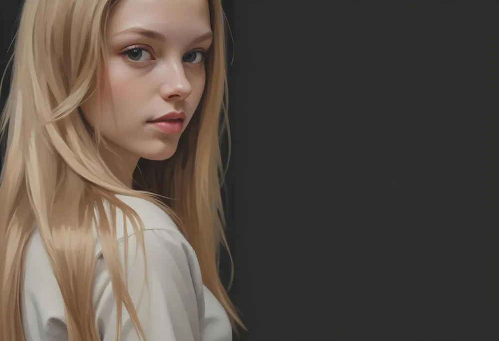A Young Woman With Long Straight Blonde Hair Partially Obscured By Her Hair She Has Light Skin And Is Looking Towards The Camera The Background Is A Solid Dark Color 53 94ce