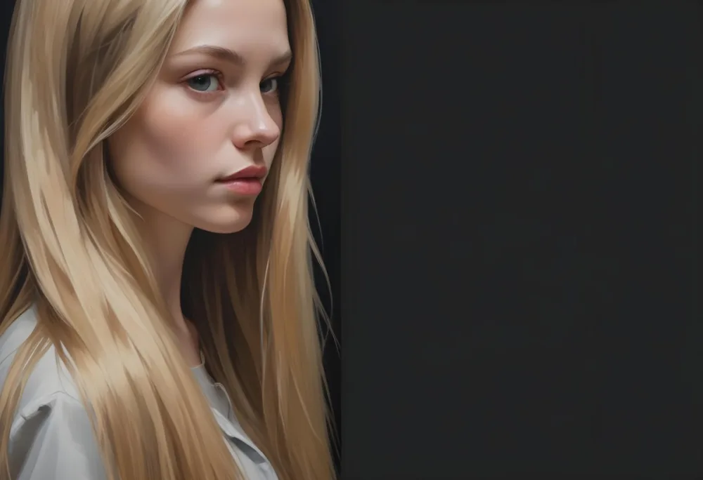 A Young Woman With Long Straight Blonde Hair Partially Obscured By Her Hair She Has Light Skin And Is Looking Towards The Camera The Background Is A Solid Dark Color 55 49ca