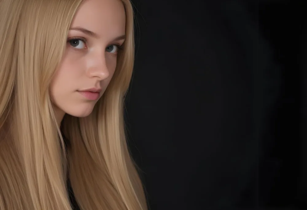 A Young Woman With Long Straight Blonde Hair Partially Obscured By Her Hair She Has Light Skin And Is Looking Towards The Camera The Background Is A Solid Dark Color 67 4b04