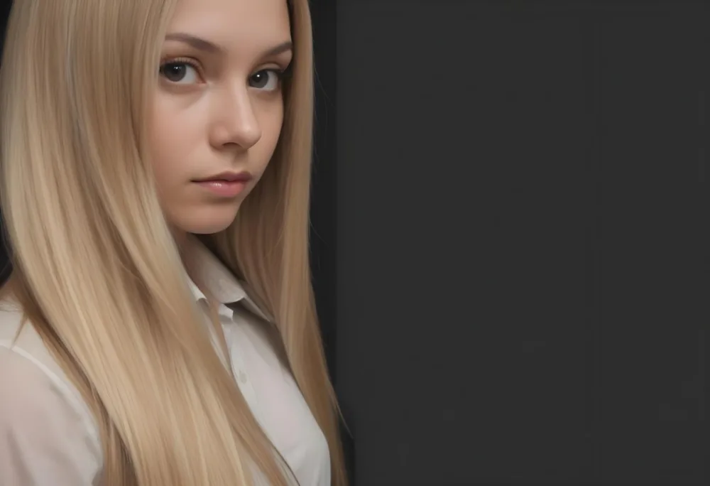 A Young Woman With Long Straight Blonde Hair Partially Obscured By Her Hair She Has Light Skin And Is Looking Towards The Camera The Background Is A Solid Dark Color 71 5704